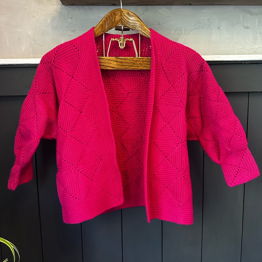 Handmade Vibrant Pink Grama Crochet Knit Cardigan size S/M